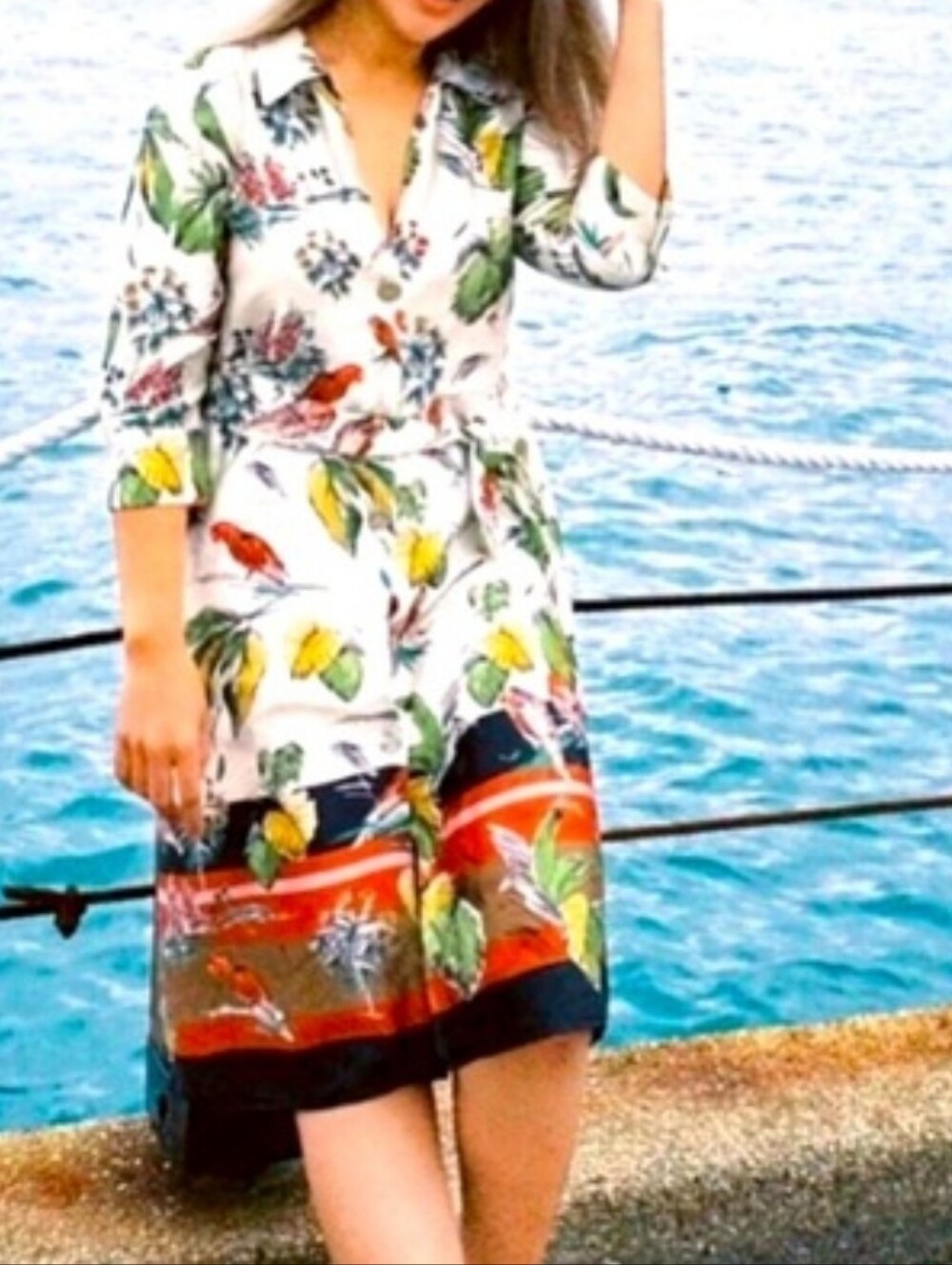 ZARA Floral Button-Front Shirt Dress in Cream with Tropical Print SZ: S
